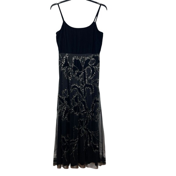 VTG Y2K Adrianna Papell Black Beaded Dress Velvet Burnout Mesh Formal Dress 12 - Picture 1 of 16